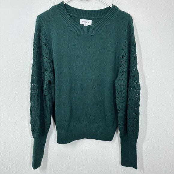 Evereve Sweaters - Evereve Size Small Dark Green Pointelle Knit Statement Sleeve Crewneck Sweater